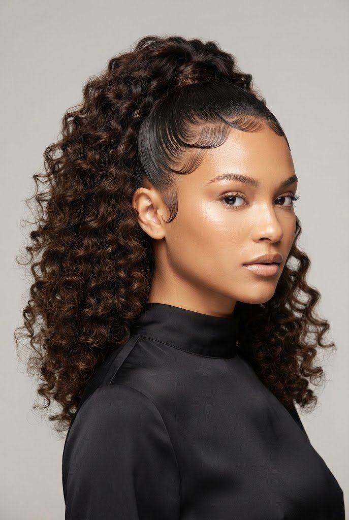 Sleek Edged Curly Ponytail — curls hair hairstyles style outfit