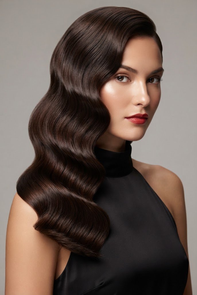 Polished Side-Swept Hollywood Waves — curls hair hairstyles style outfit