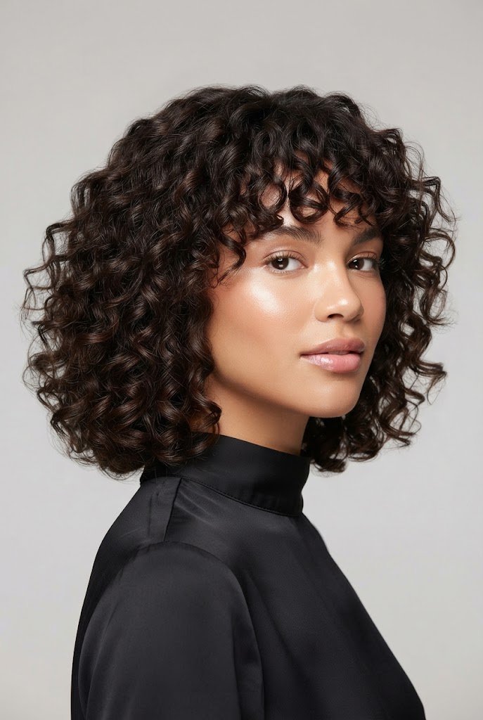 Textured Curly Bob With Bangs — curls hair hairstyles style outfit
