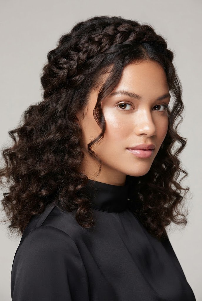 Crown Braided Curly Half-Up — curls hair hairstyles style outfit