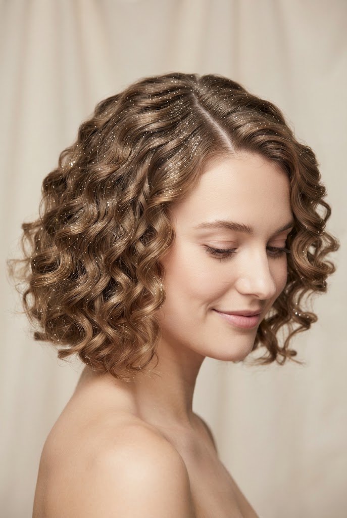 The Glitter-Dusted Defined Ringlet Bob — Curly party hairstyles for short hair style outfit