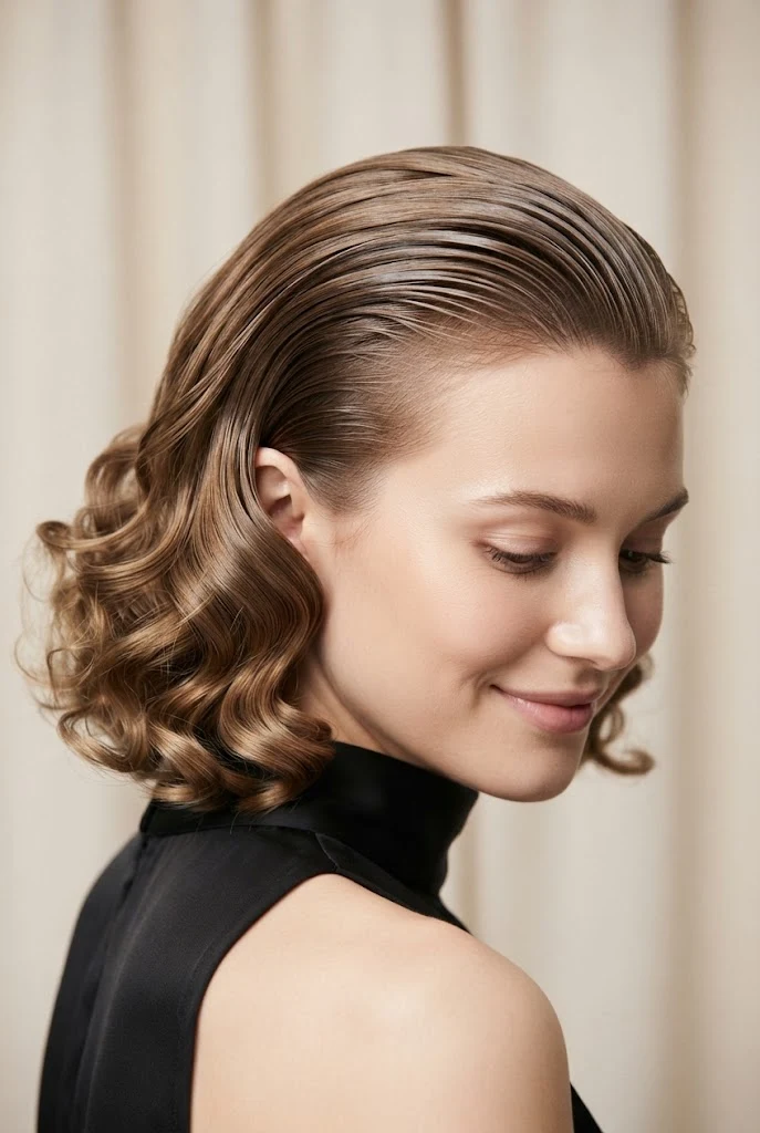 Swept-Back Wet-Look Curly Lob — Curly party hairstyles for short hair style outfit