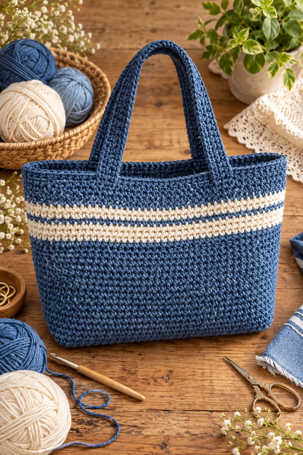 Classic Denim Blue Crochet Tote — denim crochet bag style outfit