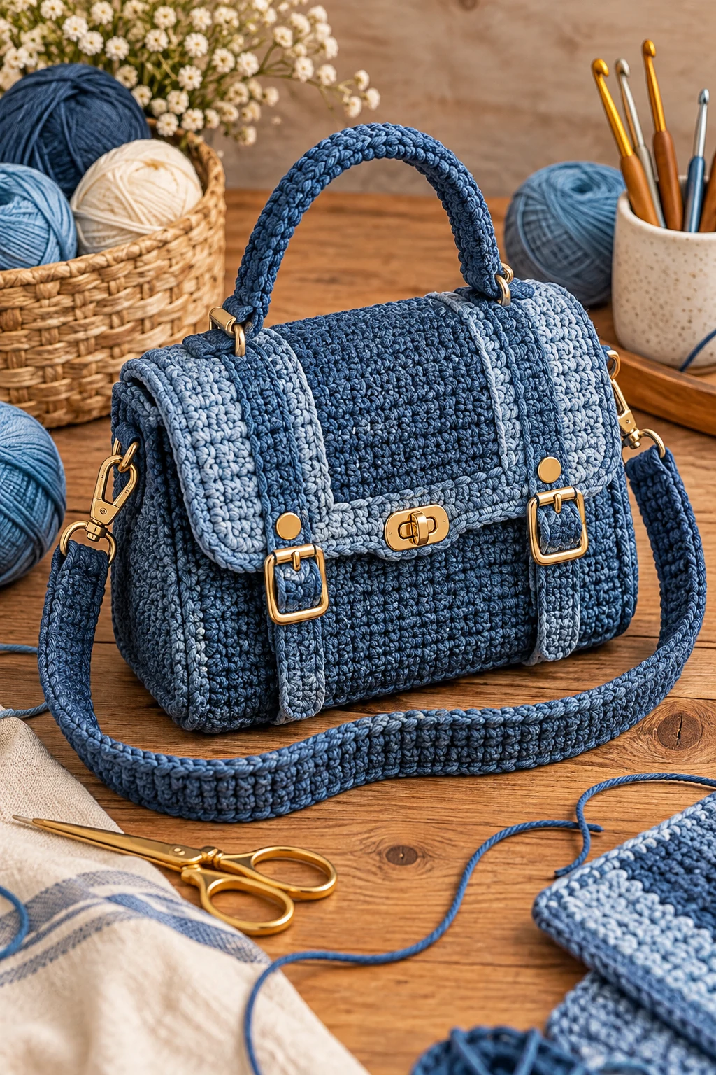 Structured Crochet Satchel — denim crochet bag style outfit