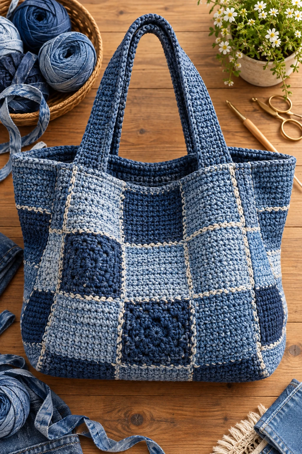 Oversized Denim Crochet Tote Bag — denim crochet bag style outfit