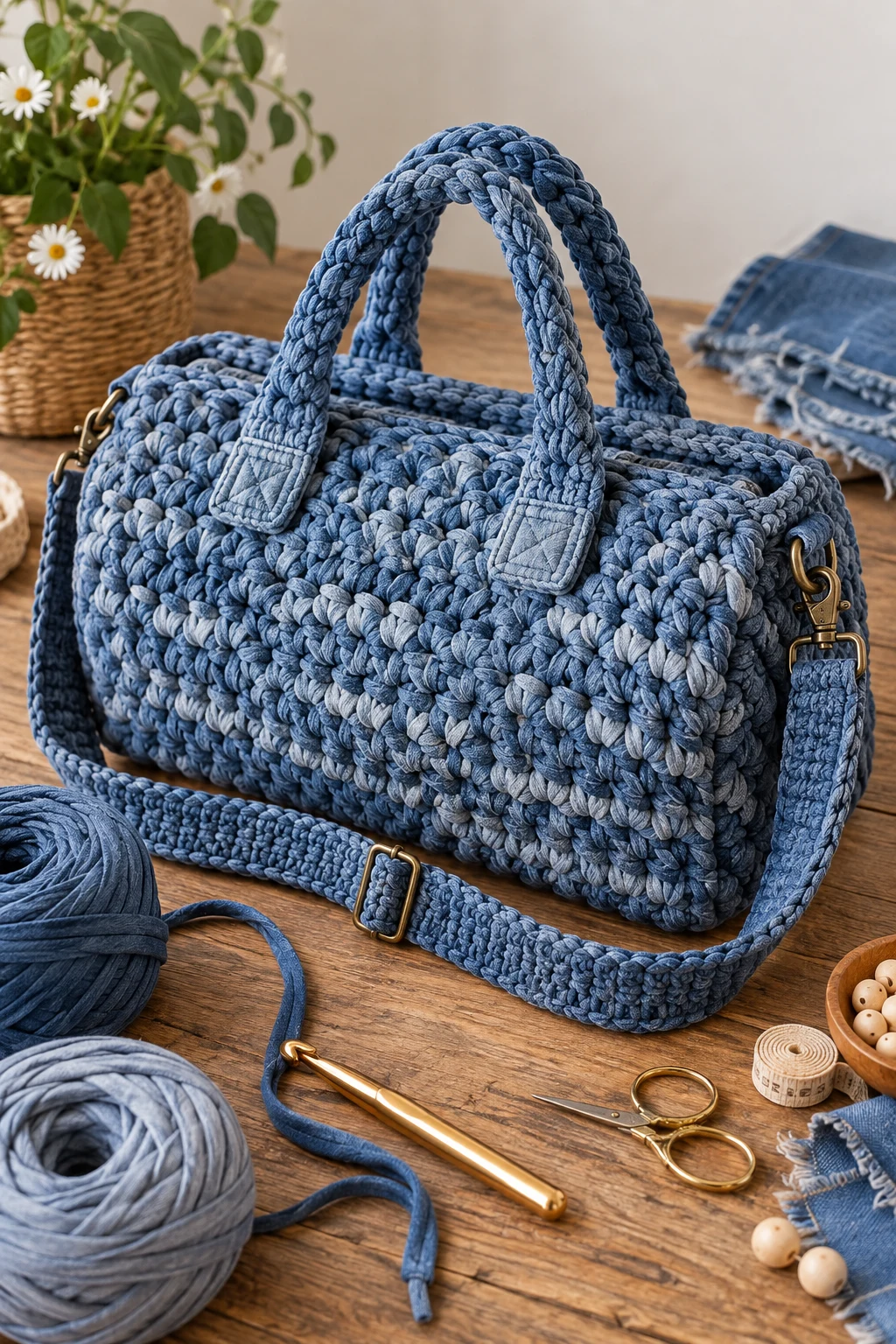 Chunky Denim Crochet Weekend Bag — denim crochet bag style outfit