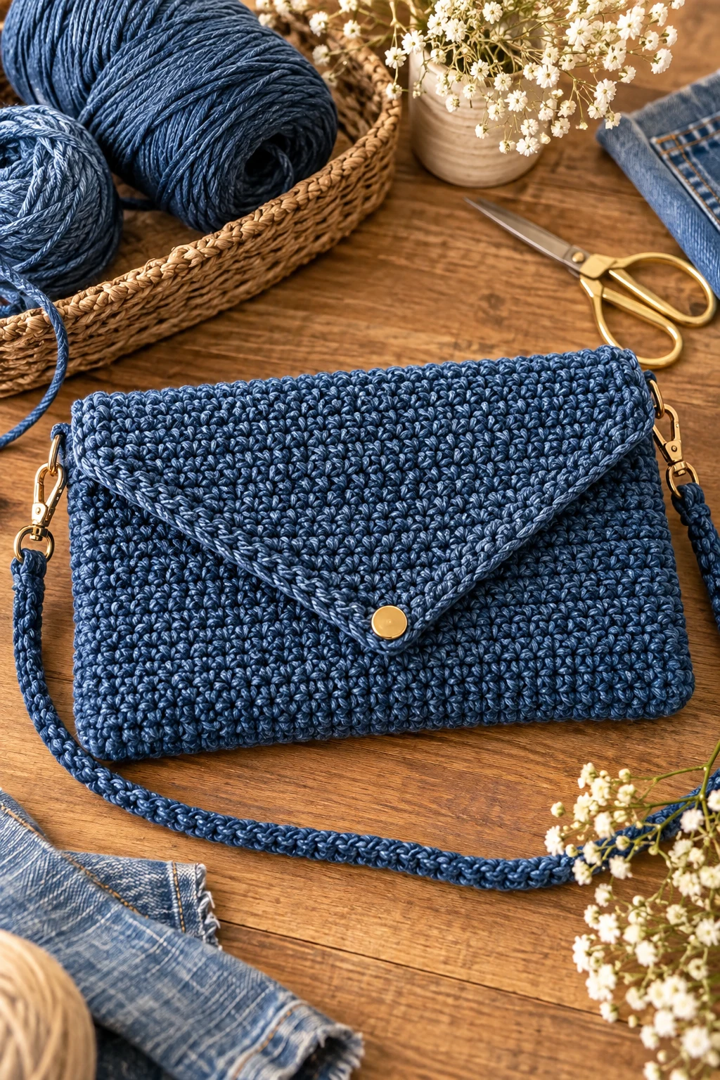 Minimalist Indigo Envelope Bag — denim crochet bag style outfit