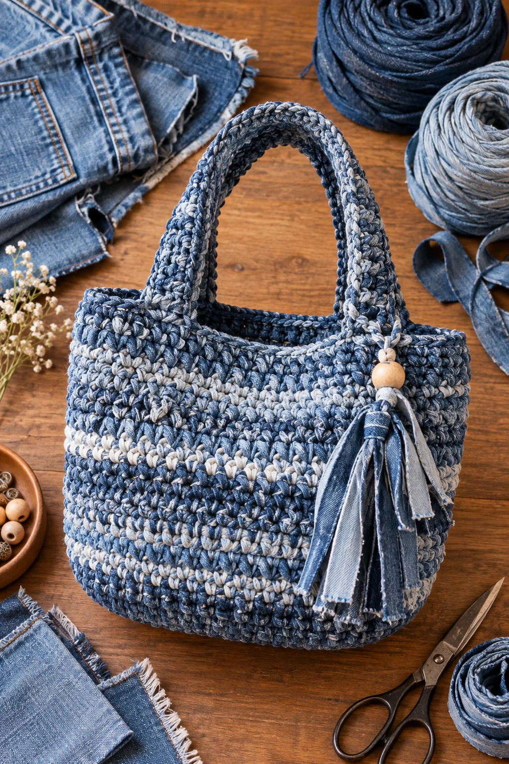 Recycled Jeans Crochet Bag — denim crochet bag style outfit
