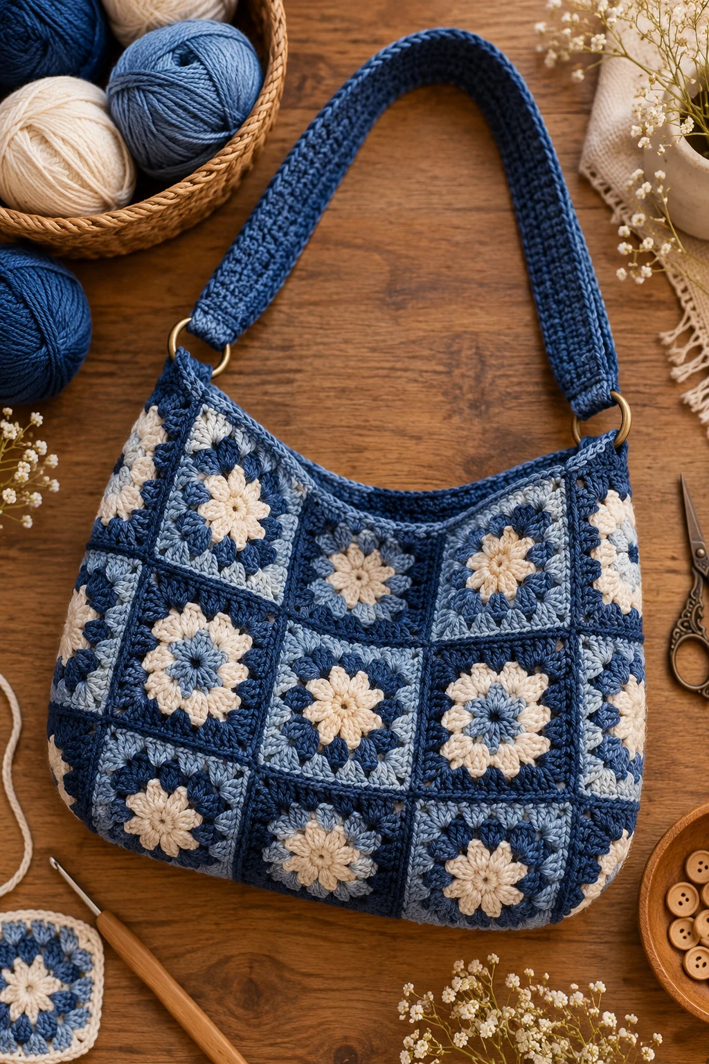 Indigo Granny Square Shoulder Bag — denim crochet bag style outfit