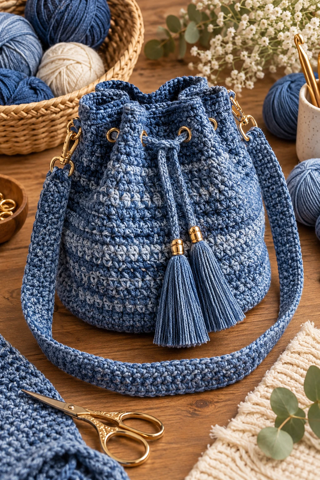 Denim Crochet Bucket Bag — denim crochet bag style outfit