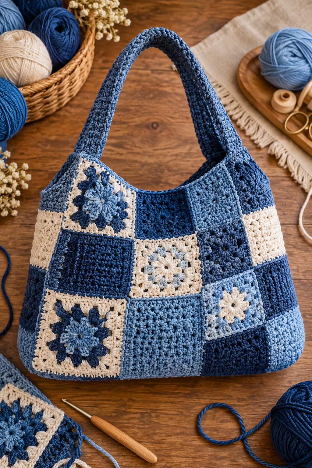 Patchwork Denim Crochet Handbag — denim crochet bag style outfit