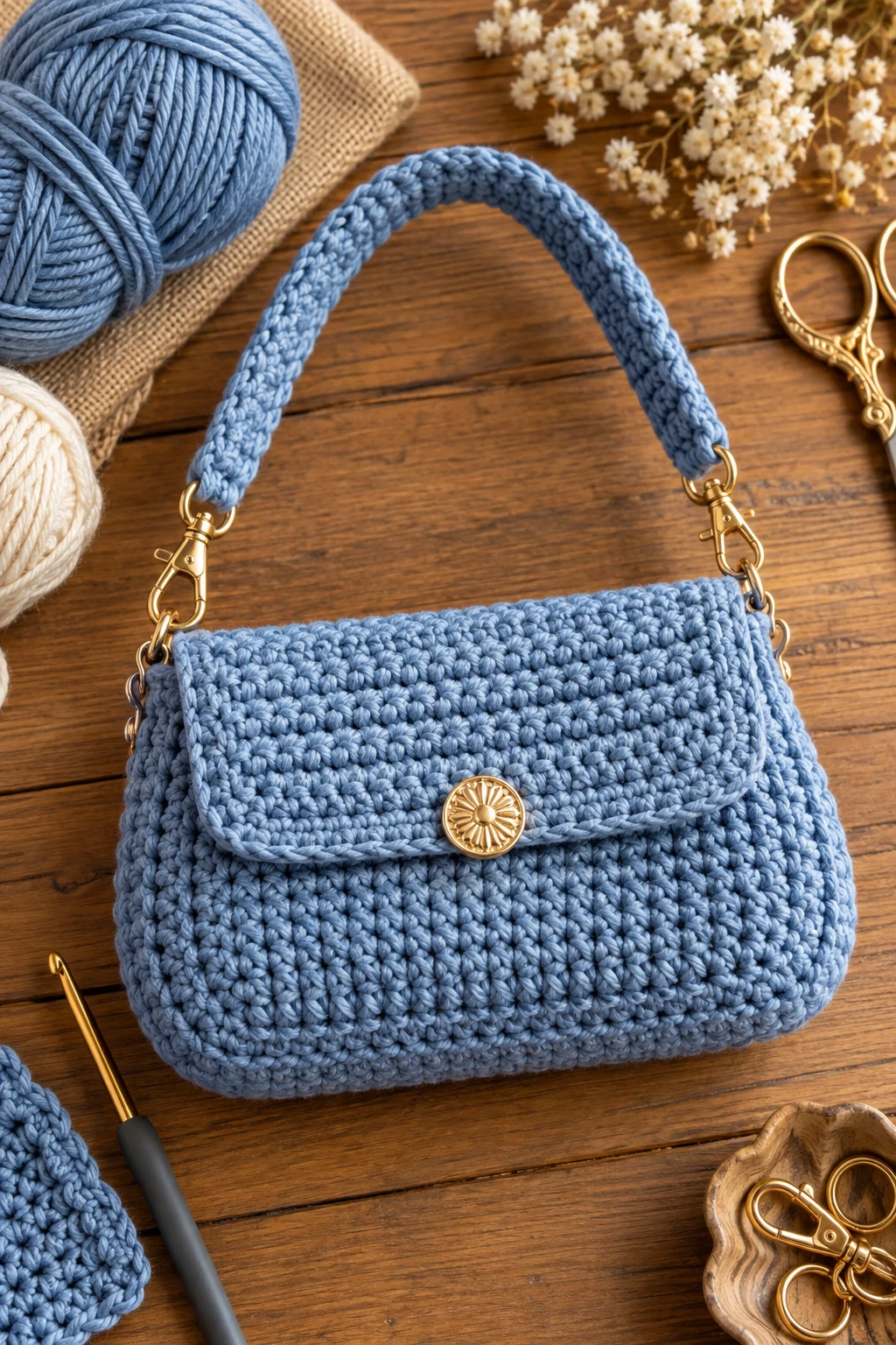 Soft Blue Mini Crochet Purse — denim crochet bag style outfit
