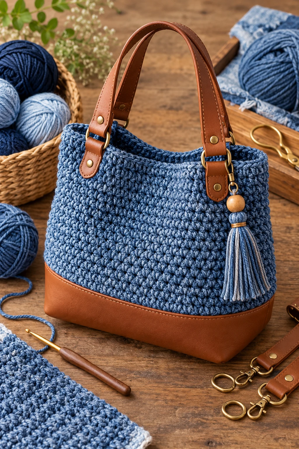 Denim Crochet Bag With Leather-Style Base — denim crochet bag style outfit