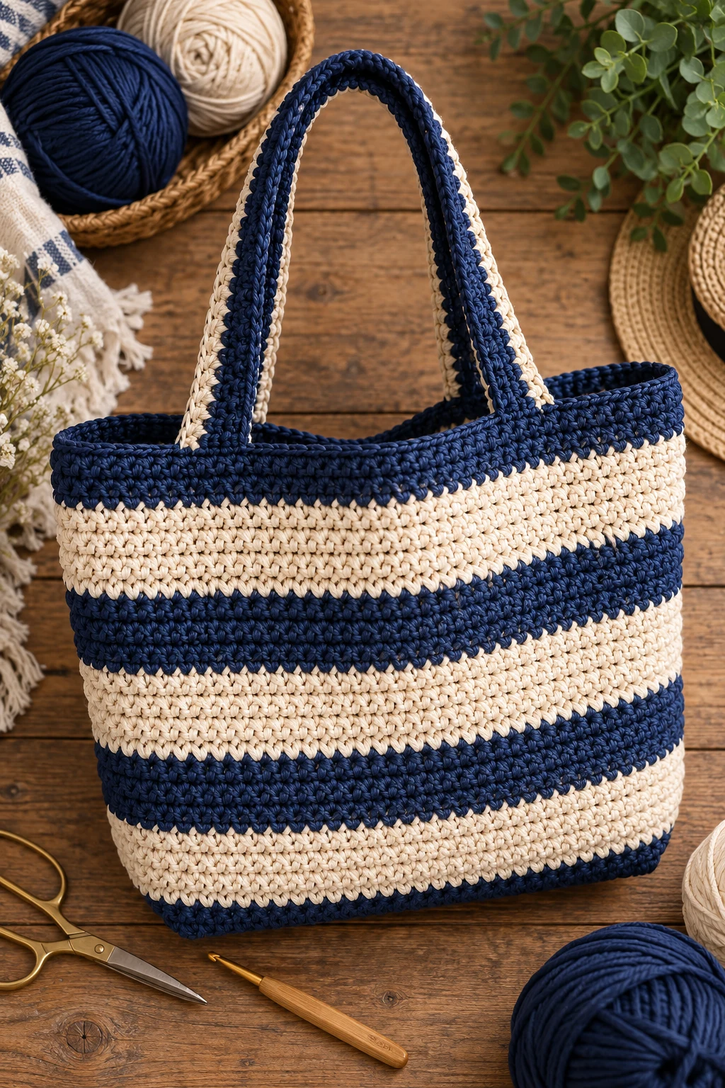 Striped Navy and Cream Tote — denim crochet bag style outfit