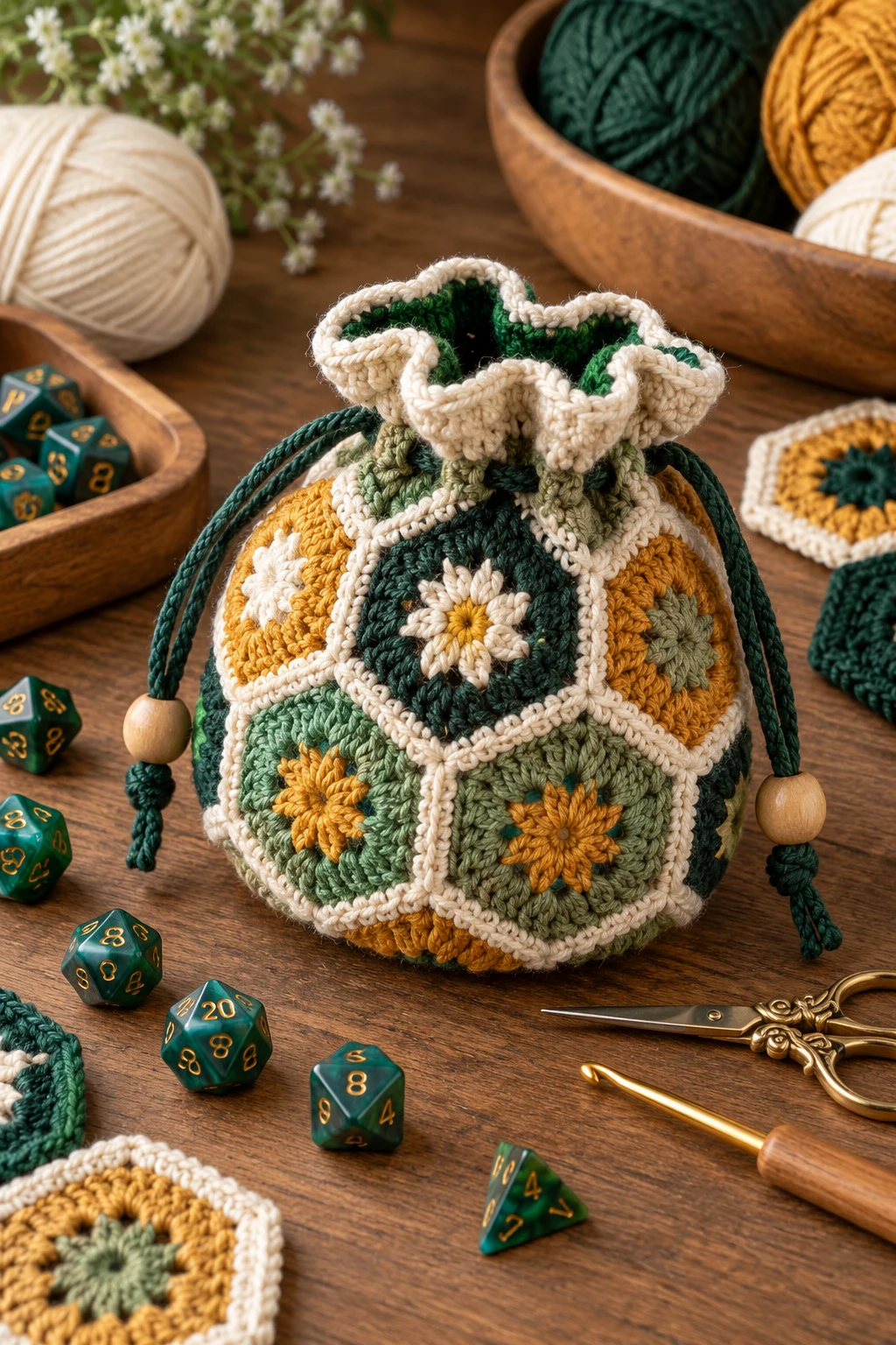 Dice Bag With a Hexagon Motif — dice bag crochet pattern style outfit