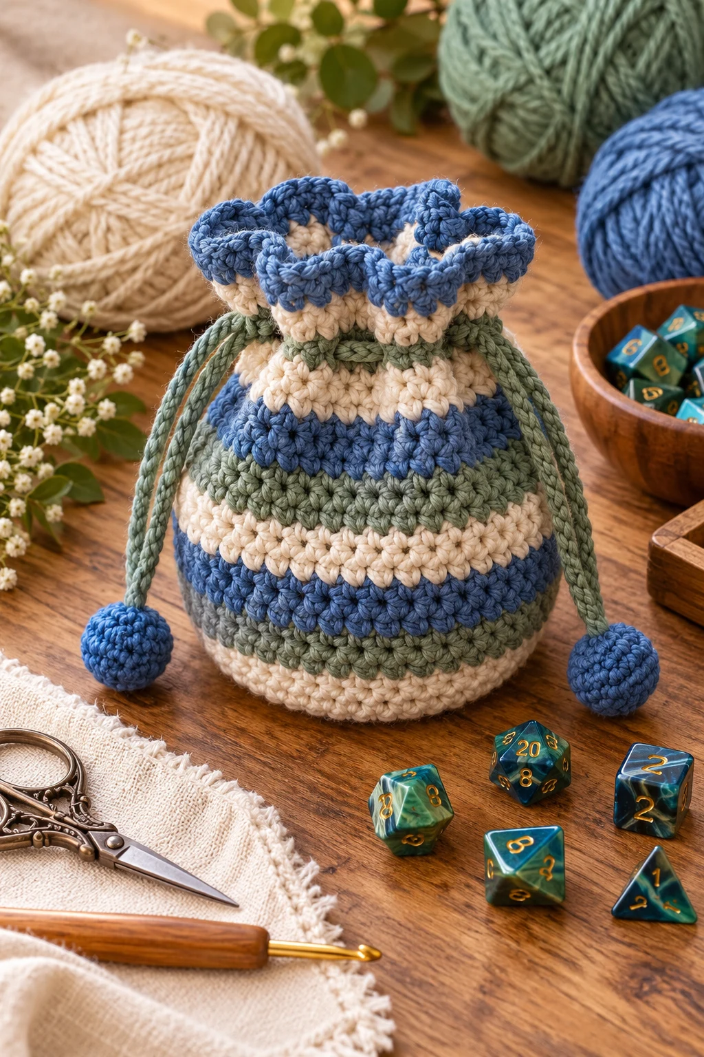 Simple Dice Bag Crochet Pattern With Stripes — dice bag crochet pattern style outfit