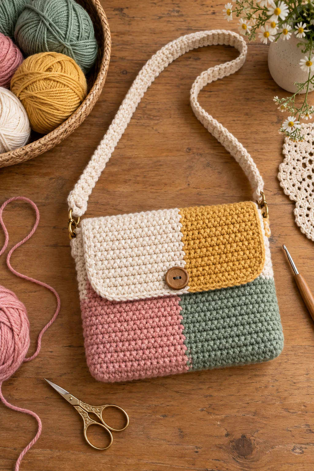 Color-Blocked Crochet Crossbody — diy crochet bag style outfit