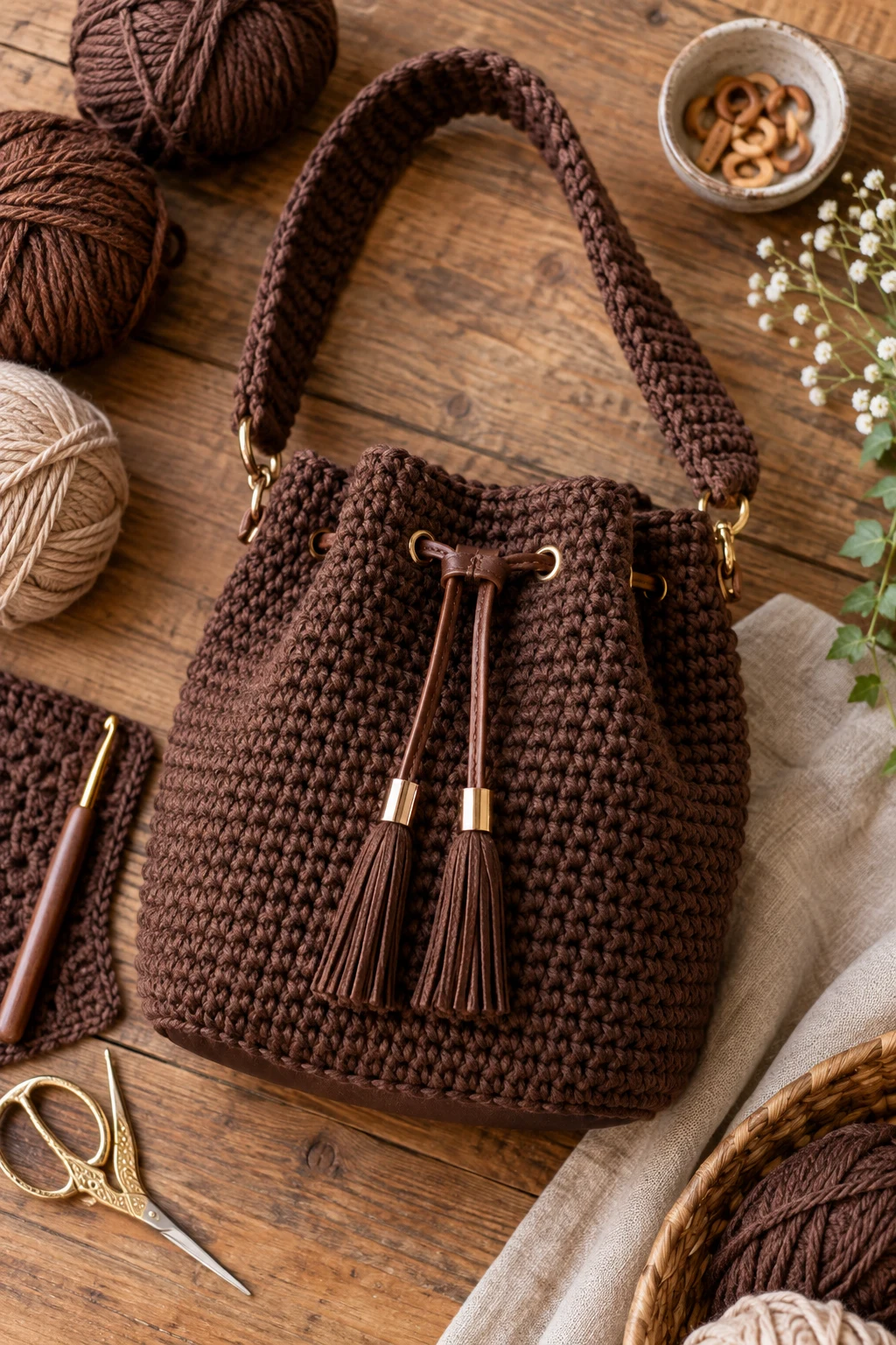 Chocolate Brown Bucket Bag — diy crochet bag style outfit
