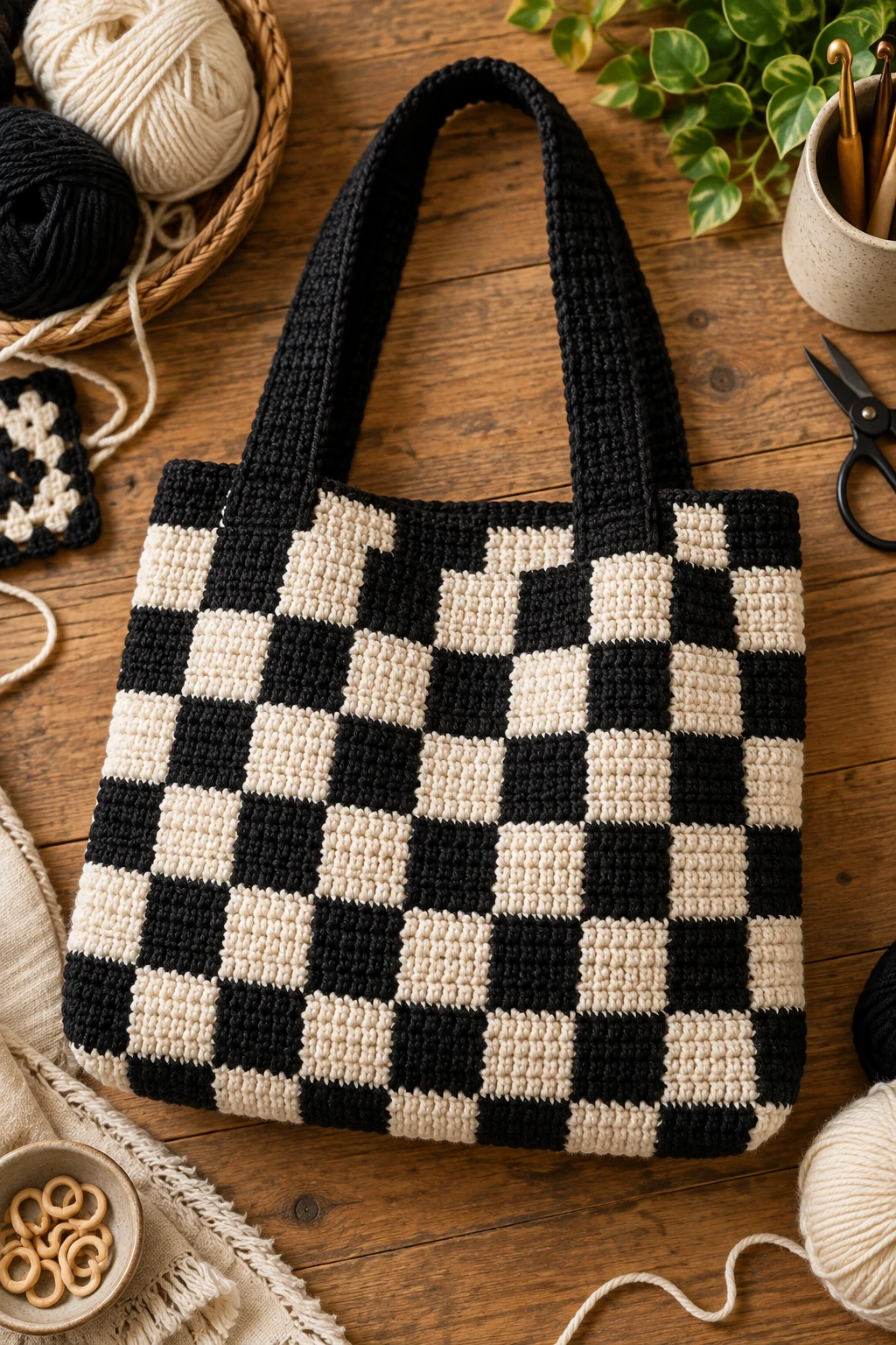 Black-and-White Checkerboard Tote — diy crochet bag style outfit