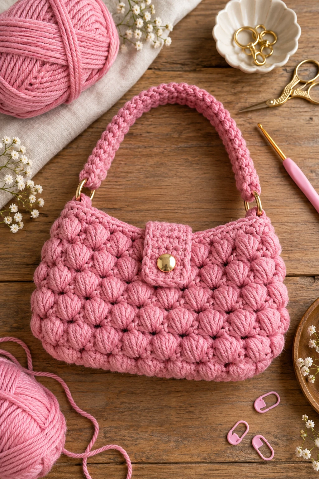 Puff-Stitch Pink Mini Bag — diy crochet bag style outfit