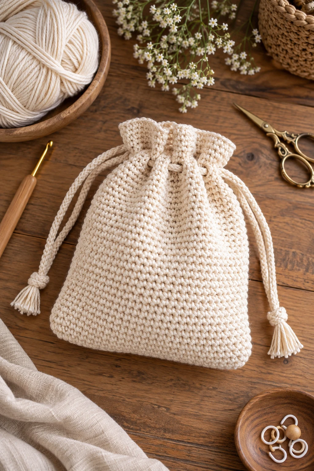 Classic Cream Drawstring Bag Crochet — drawstring bag crochet style outfit