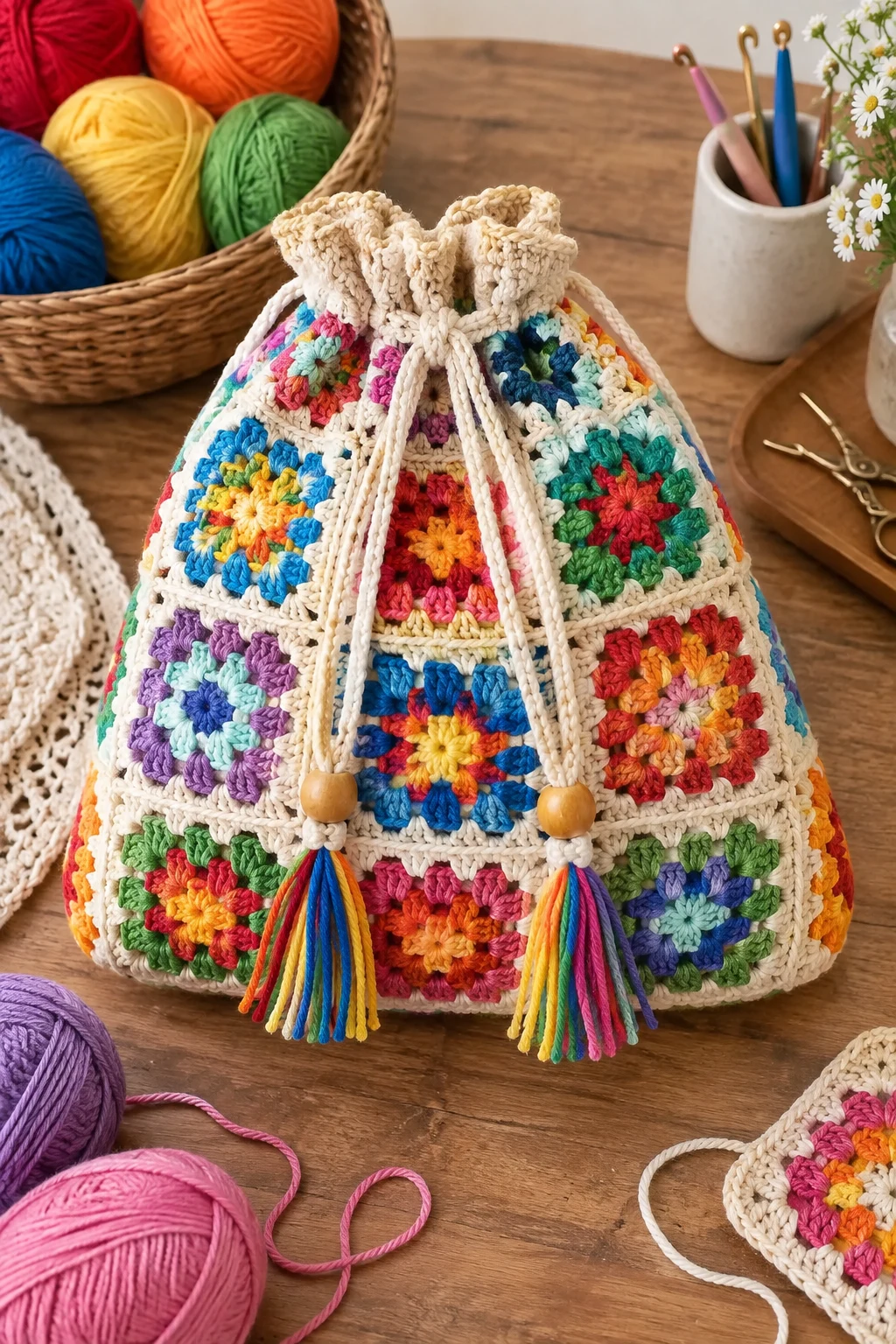 Rainbow Granny Square Drawstring Bag Crochet — drawstring bag crochet style outfit