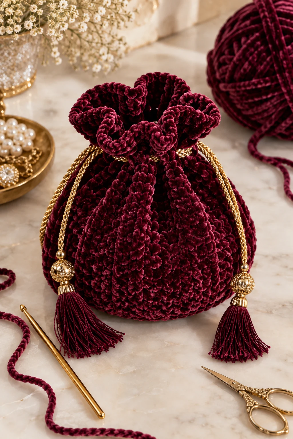 Velvet Evening Drawstring Pouch Crochet — drawstring bag crochet style outfit