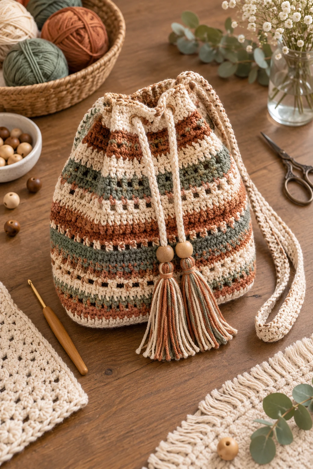 Boho Striped String Bag Crochet — drawstring bag crochet style outfit