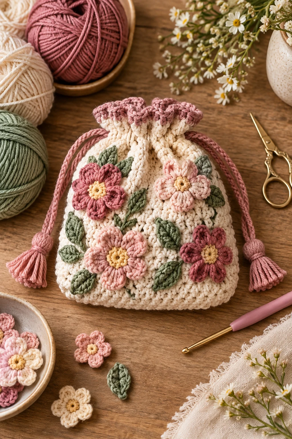 Floral Drawstring Pouch Crochet — drawstring bag crochet style outfit