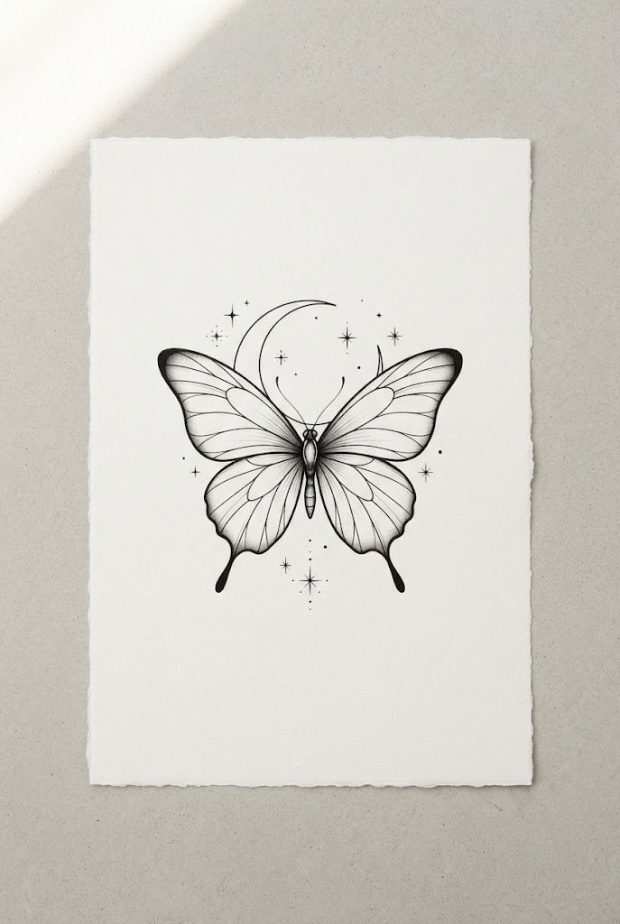Minimalist Crescent Moon and Butterfly — easy butterfly tattoo style outfit