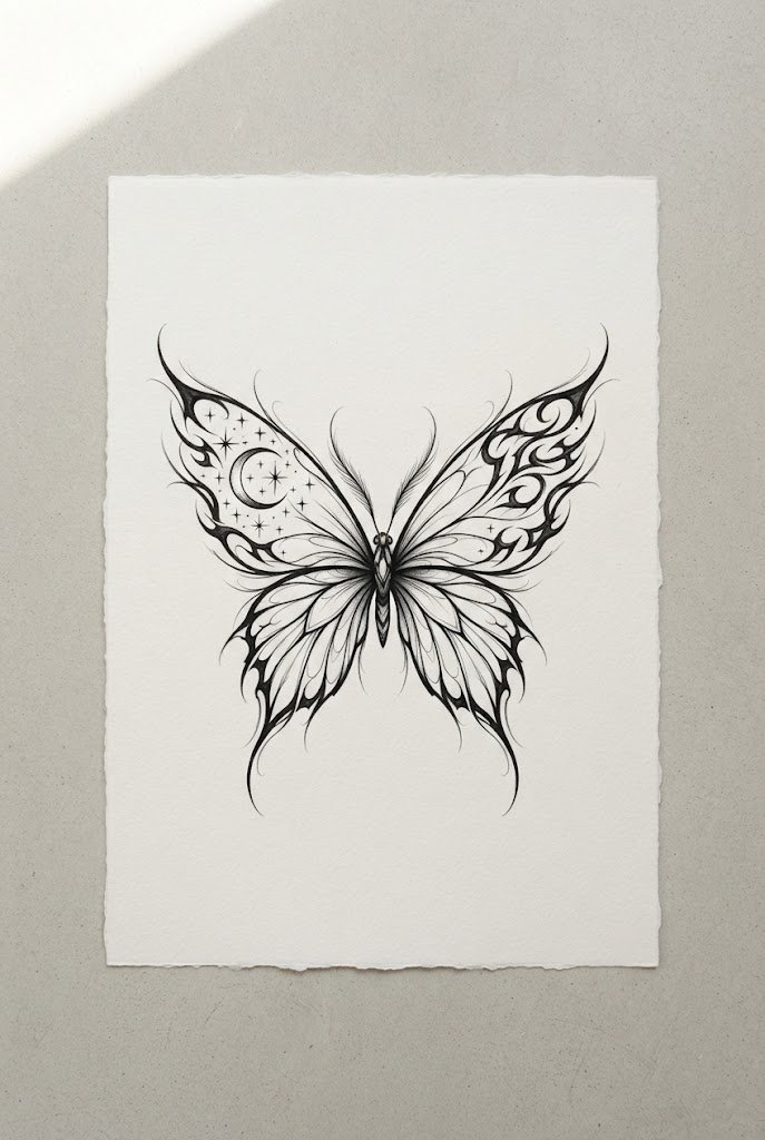 Bold Tribal-Edge Night Fusion — easy butterfly tattoo style outfit