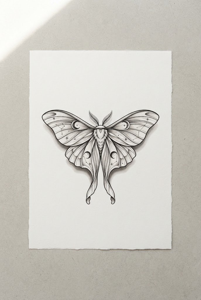 Realistic 3D Shadow Lunar Moth — easy butterfly tattoo style outfit