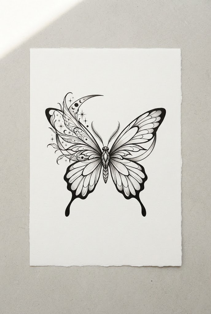 Whimsical Fairy-Wing Lunar Fusion — easy butterfly tattoo style outfit