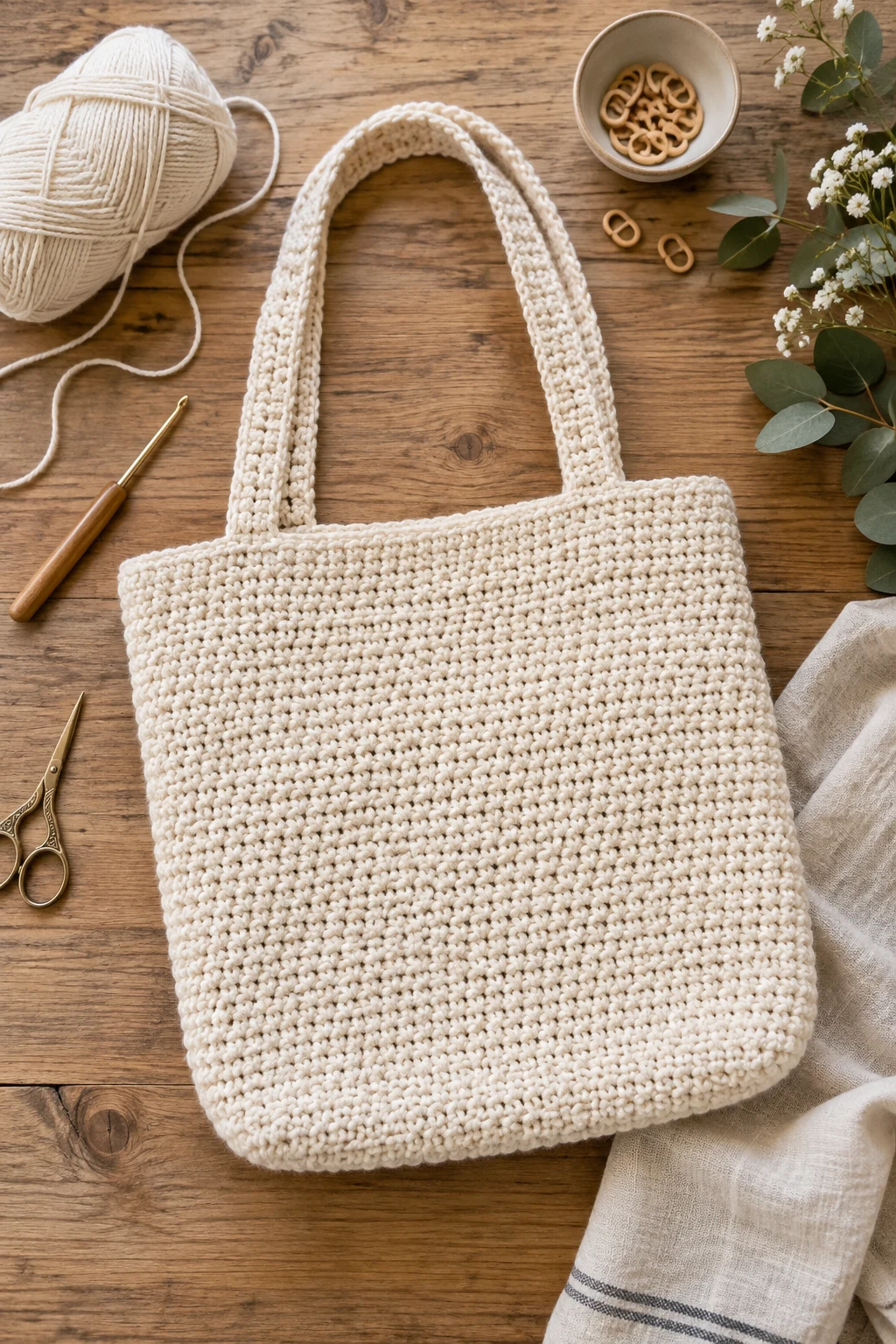 Classic Cream Market Tote — easy crochet bag tutorial style outfit