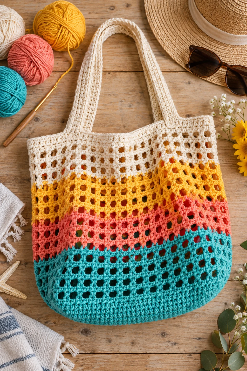 Bright Summer Mesh Tote — easy crochet bag tutorial style outfit