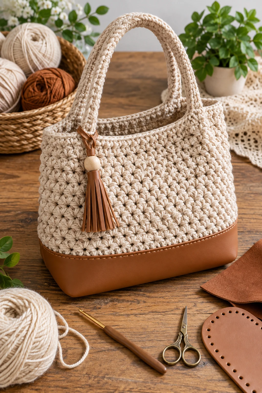 Crochet Bag With Faux-Leather Base — easy crochet bag tutorial style outfit