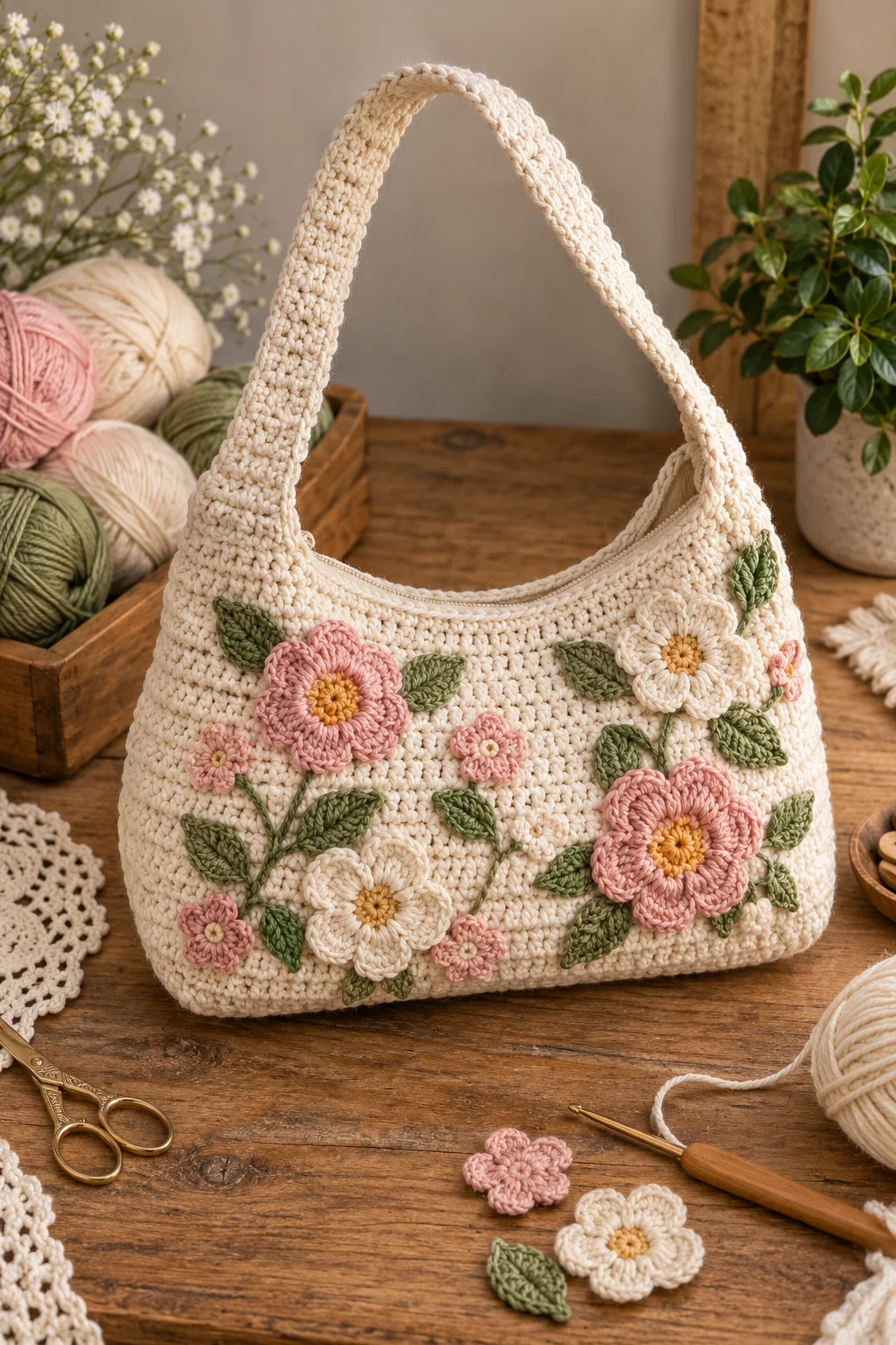 Floral Cream Shoulder Bag — easy crochet bag tutorial style outfit