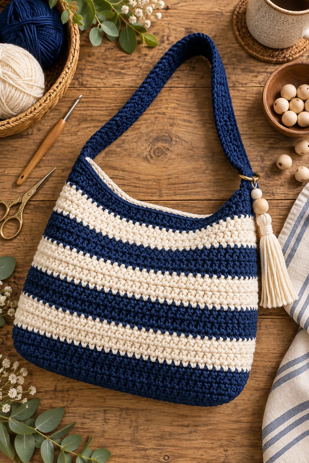 Navy & Ivory Stripe Shoulder Bag — easy crochet bag tutorial style outfit
