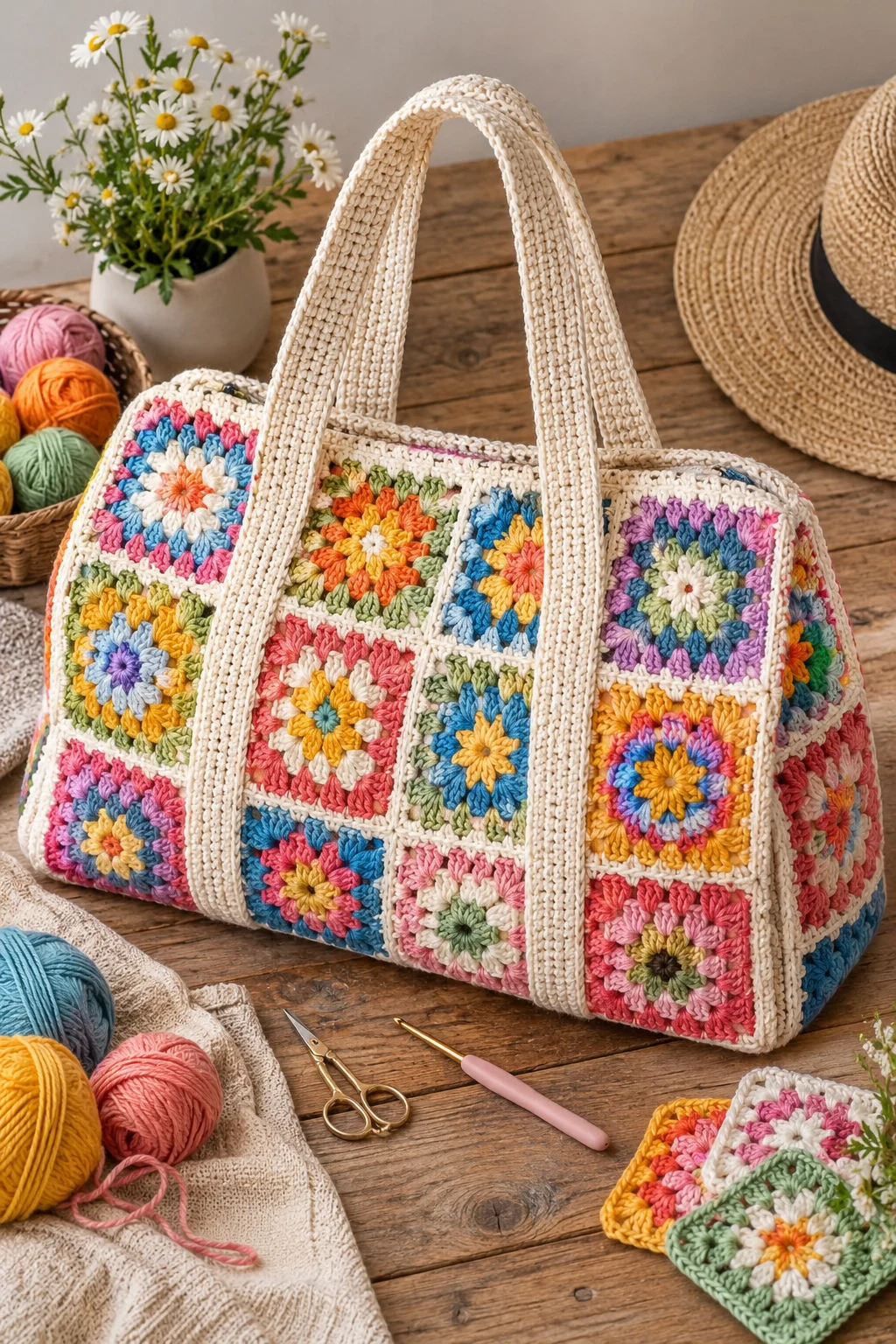 Colorful Granny-Square Weekend Bag — easy crochet bag tutorial style outfit