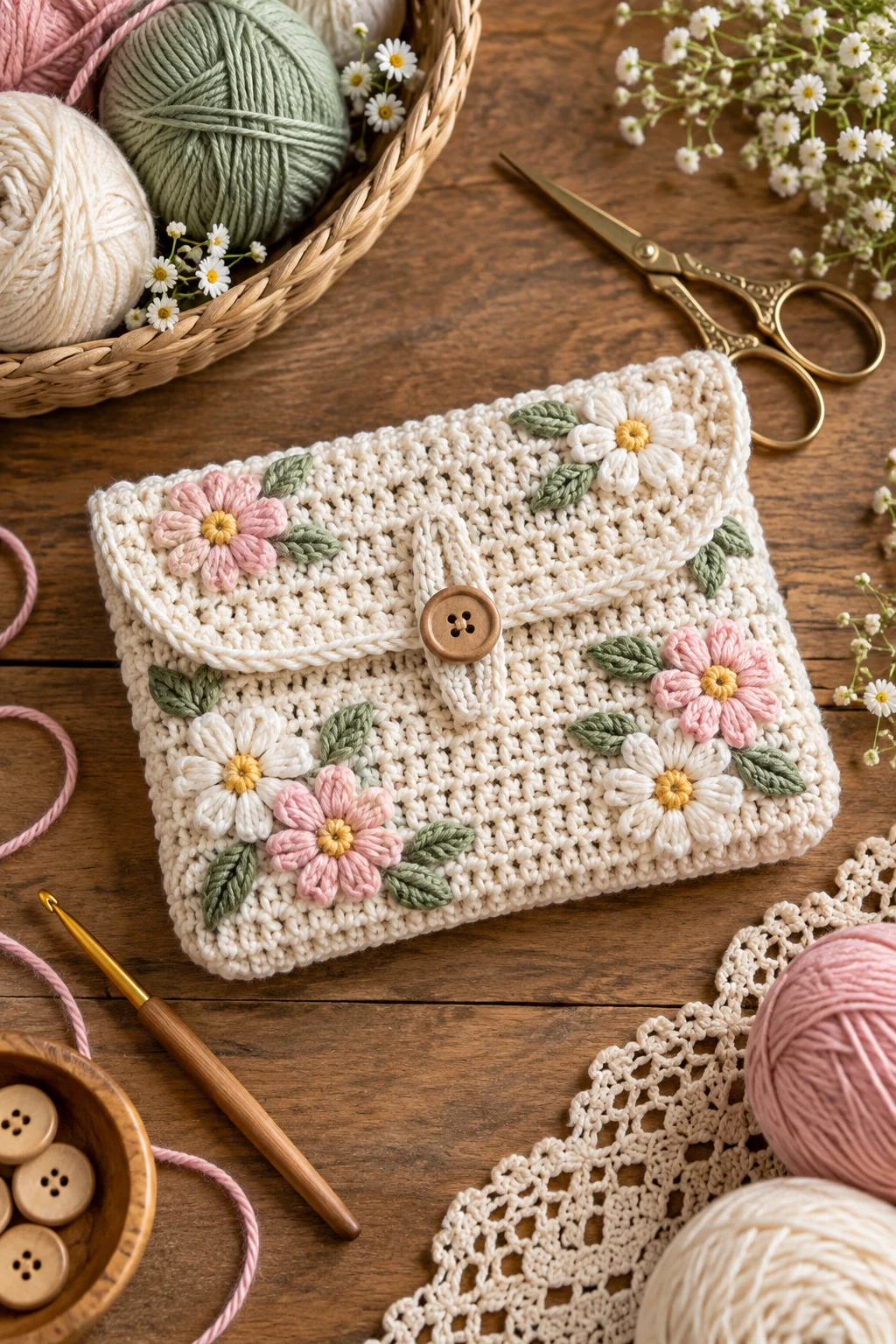 Button-Closure Cottage Pouch — easy crochet bag tutorial style outfit
