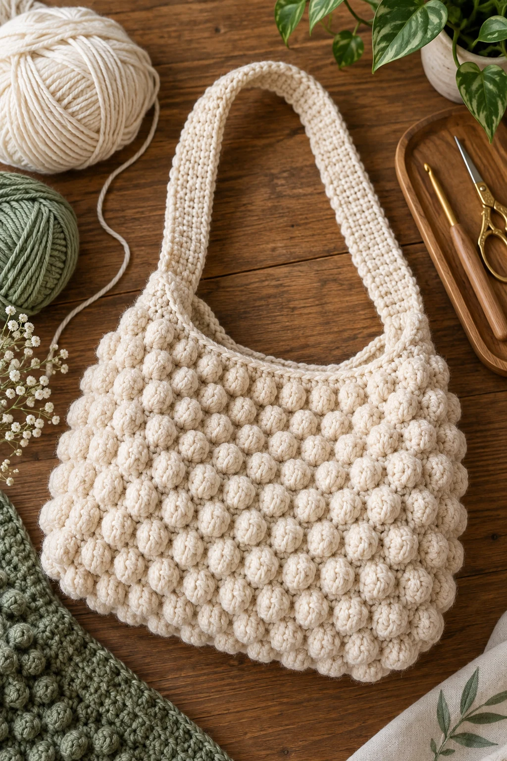 Textured Bobble Shoulder Bag — easy crochet bag tutorial style outfit