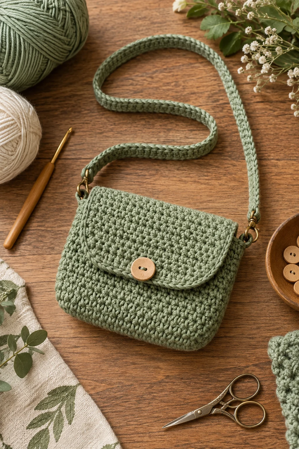 Sage-Green Mini Crossbody — easy crochet bag tutorial style outfit