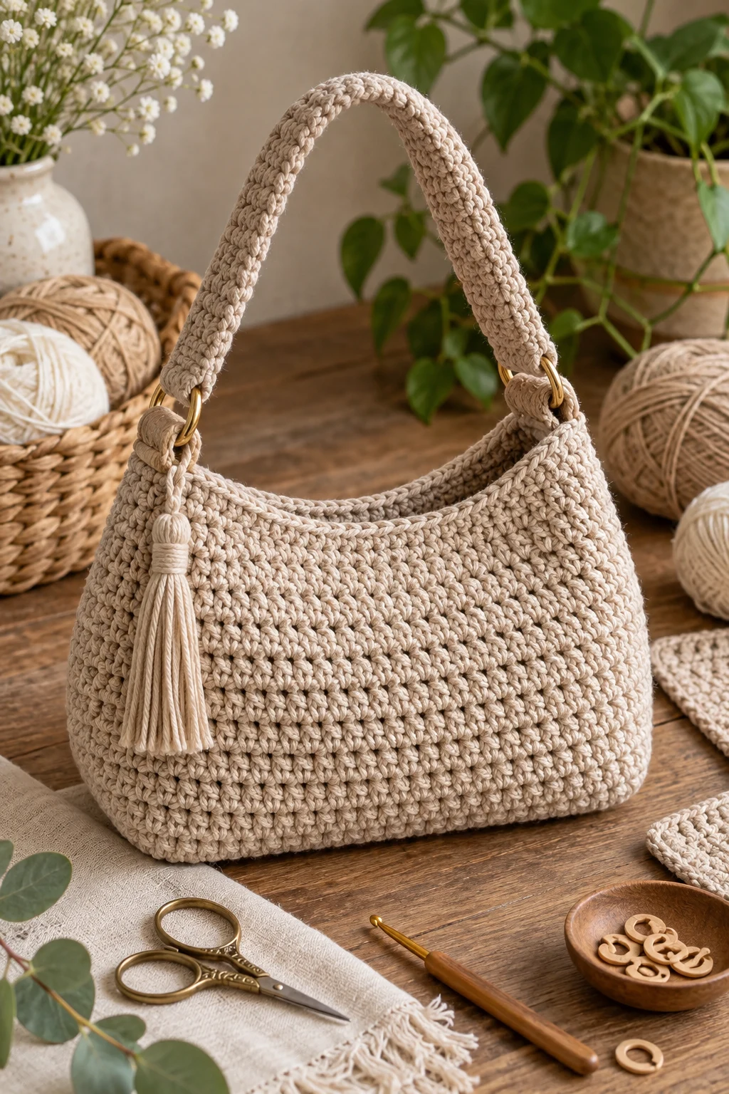 Oatmeal Everyday Handbag — easy crochet bag tutorial style outfit