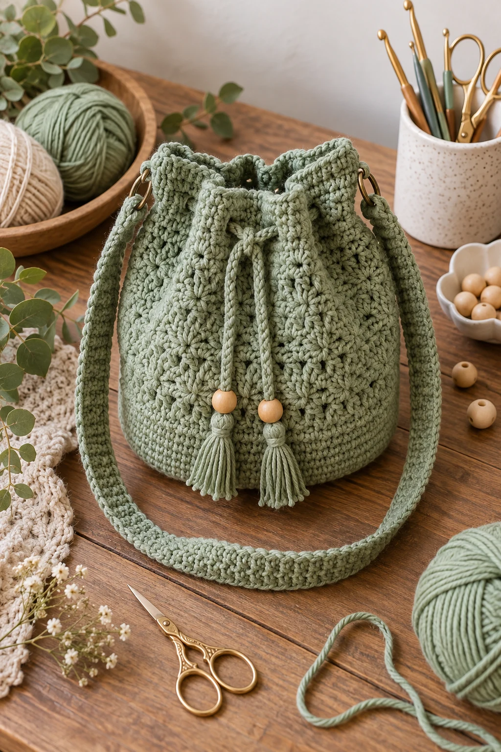 Drawstring Sage Bucket Bag — easy crochet bag tutorial style outfit