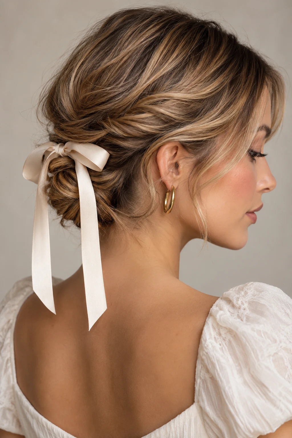 The Ribbon-Tied Low Twist — easy hairstyles for short hair style outfit