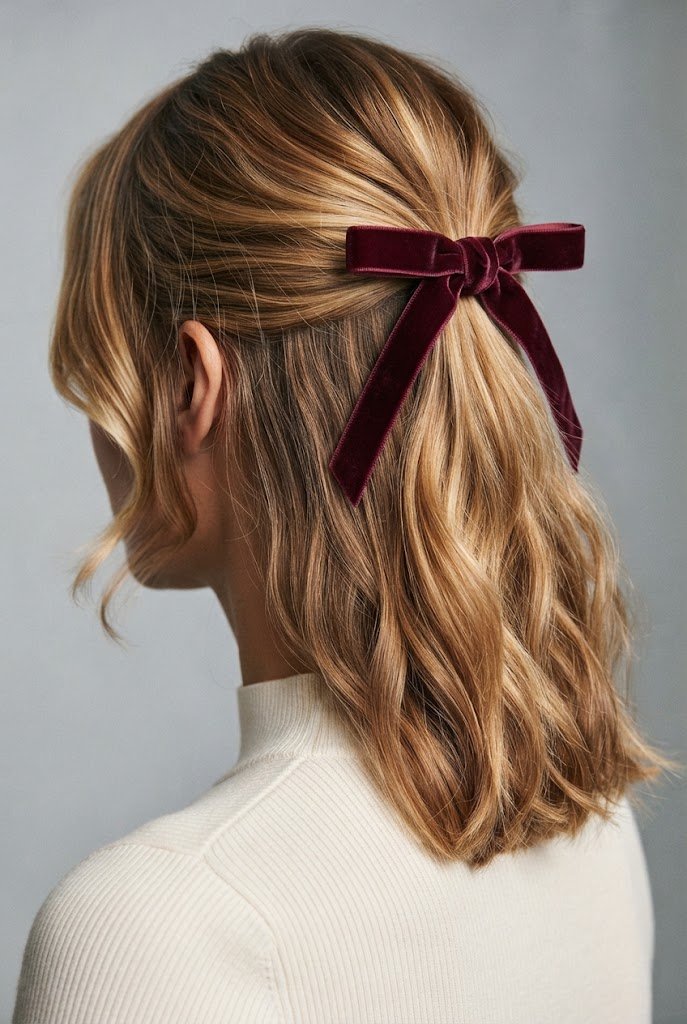 The Velvet Ribbon Half-Up Bow — easy short hair updos style outfit