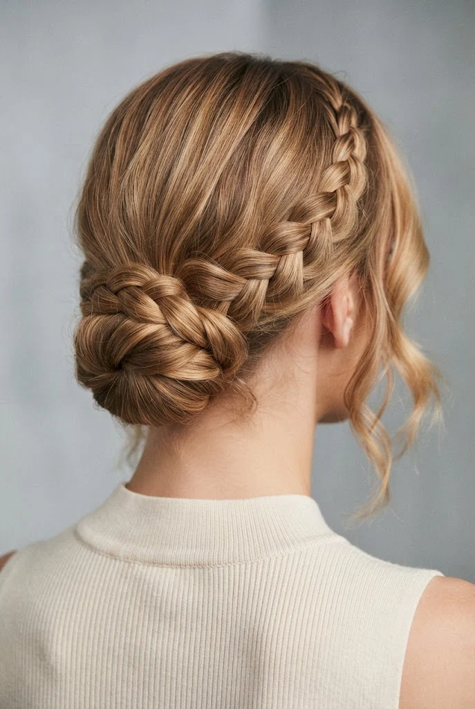 The Braid-Wrapped Low Bun — easy short hair updos style outfit