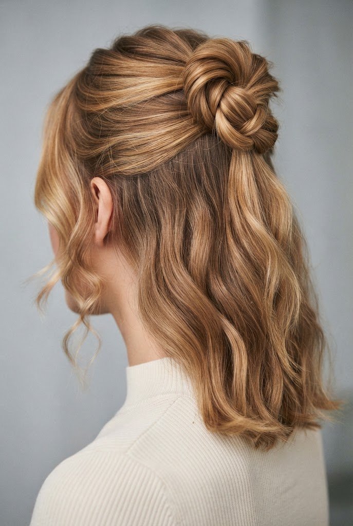 The Knotted Half-Up Loop — easy short hair updos style outfit