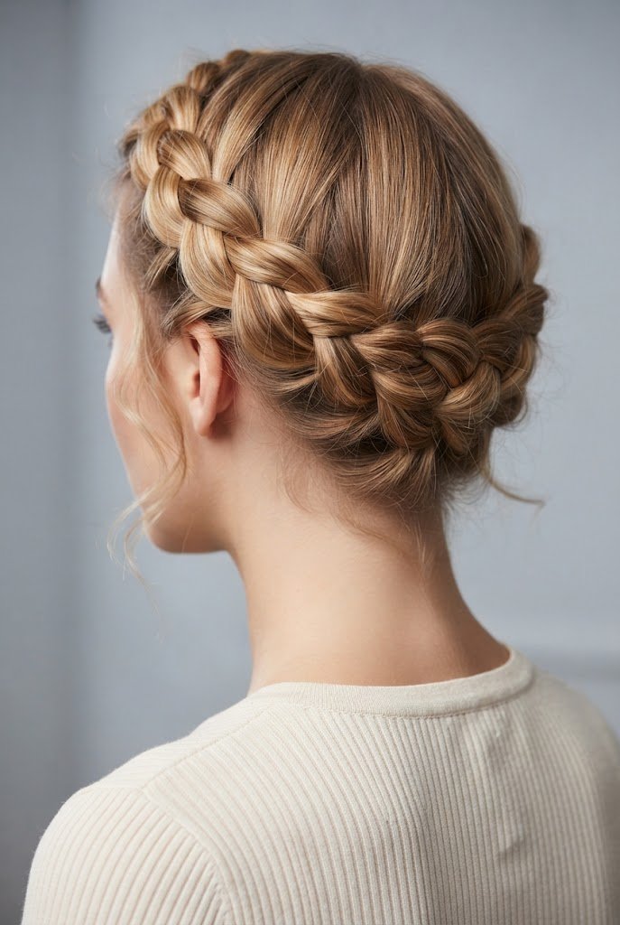 The Braided Crown Halo — easy short hair updos style outfit