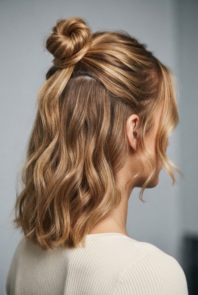 The Half-Up Top Knot — easy short hair updos style outfit